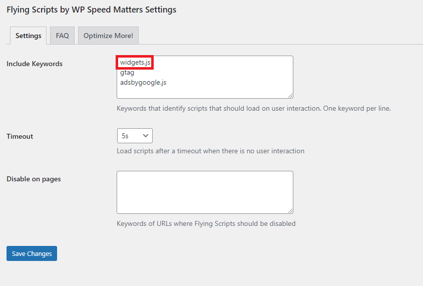WordPressのプラグインのFlying Scripts by WP Speed Matters Settingsの設定画面。